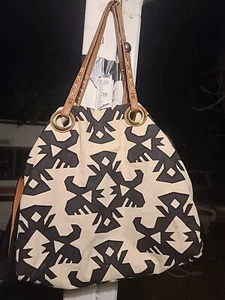 LUCKY BRAND Purse Canvas Tote Bag Crossbody Brn VEGAN Leather Straps Zip Pkts - Picture 1 of 12
