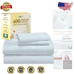 Durable King Size Sheet Set - 400 Thread Count Sateen in Cape Stripe Design - Picture 1 of 11