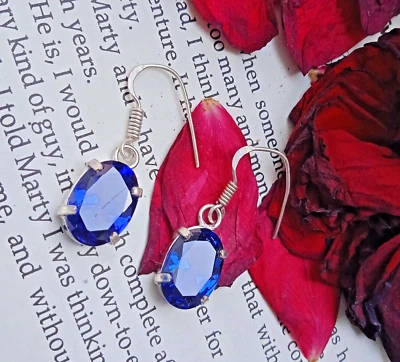 Pendientes de regalo de gancho antiguos enchapados en plata de ley 925 con topacio facetado de vidrio ~ Foto 1 de 2