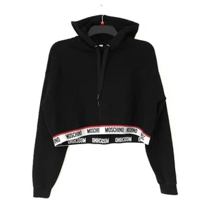 Sudadera con capucha recortada con cinta con logotipo negra MOSCHINO UK 14 Lounge Top - Imagen 1 de 12