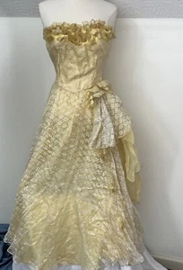 Vtg 50s Prom Dress Small Yellow Lace Corset Strapless Long Midi Length - Picture 1 of 13