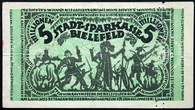 BIELEFELD 1923 Wild Silhouettes 5 Million Mark Inflation Notgeld Banknote German - Image 1 of 2