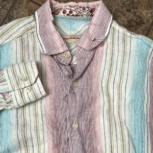Tommy Bahama Mens 100% Linen Shirt Sz S Button Front LS Colorful Striped - Picture 1 of 4