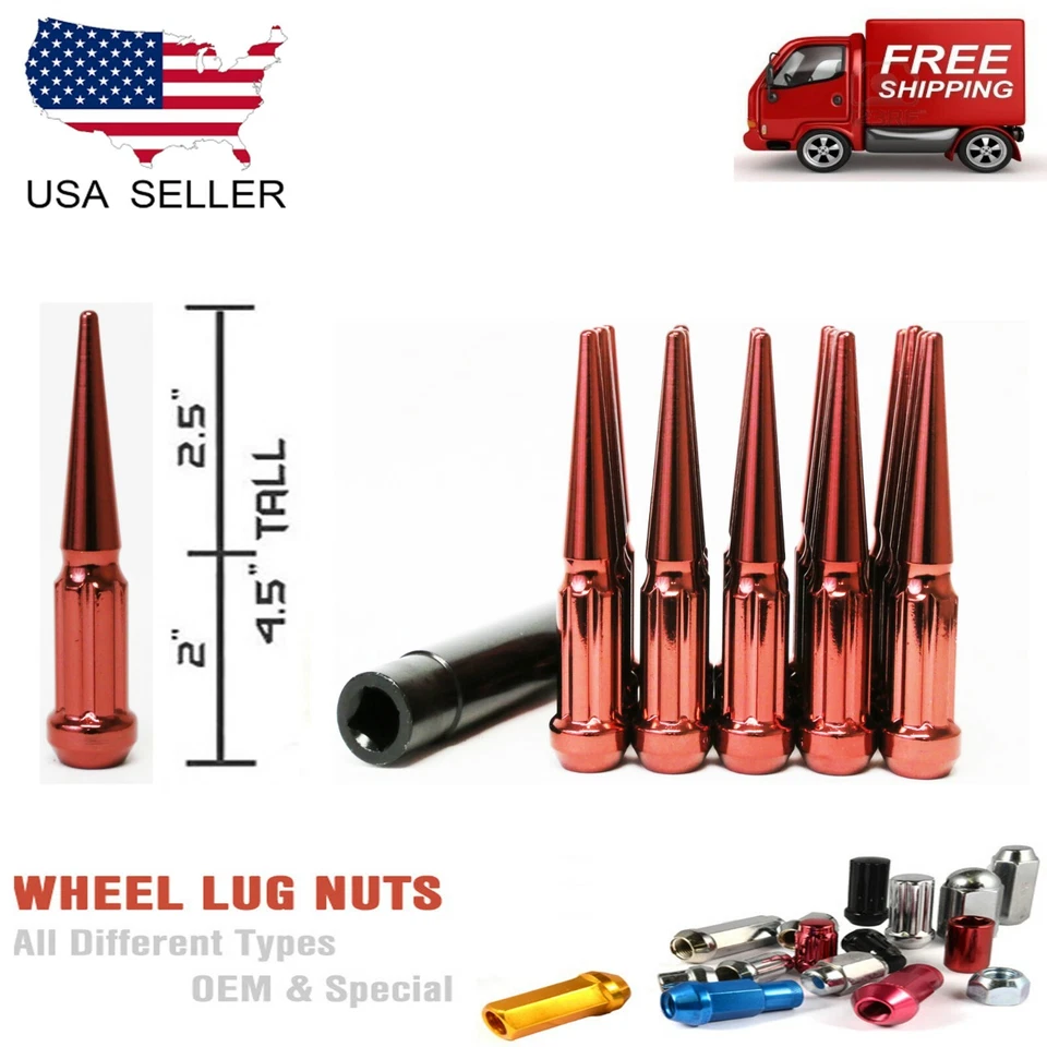 20PC 7SPLINE SPIKE LUG NUTS 12X1.5 RED 4.5" + ANTI THEFT KEY FITS CHEVY/JEEP/GMC - Image 1 of 4