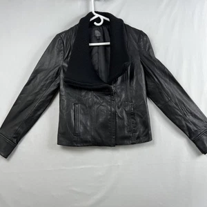 Gap Leather Moto Jacket Womens Size Small Cropped Zip Up Black Ribbed Collar - Picture 1 of 13