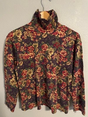 Top Talbots vintage para mujer pequeño estampado de rosas cuello alto Cottagecore años 90 Foto 1 de 4