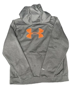 Under Armour Boys YXL Hoodie Gray Orange Logo Loose Fit ColdGear Pullover - Image 1 of 4