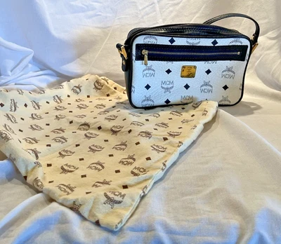 Vntg MCM White Logo Rectangle Crossbody-Shoulder Bag w/Leather Strap w/Dustbag - Image 1 of 4