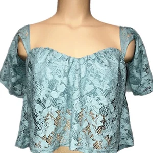 Forever 21 Crop Top Sage Green Lace Front Ruffle Sz S Romantic Cottagecore Boho - Picture 1 of 5