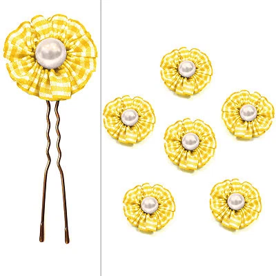 6 épingles pics cheveux chignon mariage mariée fleur vichy jaune perle blanche - Photo 1/2