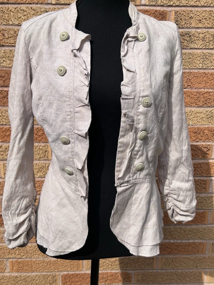 Y2K Beige Linen Blend Military Style Ruffle Blazer 3/4 Sleeves Size Medium - Image 1 of 4