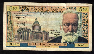 FRANCE 5 Nouveaux FRANCS VICTOR HUGO L.4-2-1960 .L. banknote paper money - Image 1 of 2