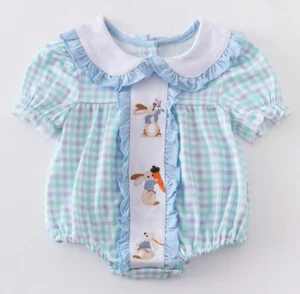 Baby Girl Bubble Romper Embroidered Rabbits, Ruffle Trim, Easter Spring, Summer - Picture 1 of 8