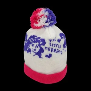 Vintage 90s Disney The Little Mermaid Knit Beanie Hat Pom Pom White Pink Purple - Picture 1 of 5
