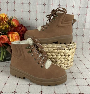 Nordstrom Rack “Chiara” Lug Ankle Boots Fully Faux Sherpa Lined & Faux Leather 7 - Picture 1 of 7