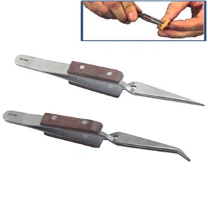 Cross Lock Tweezers Fiber Grip Tweezers Self Closing 4-1/2" Bent & Straight Pair - Picture 1 of 3