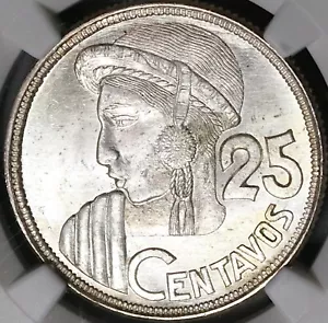 1950 NGC MS 65 Guatemala 25 Centavos Maya Girl 81k Silver Coin (23030802C) - Picture 1 of 6