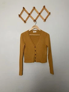 Naadam Women’s Silk Cashmere Blend Ribbed Cropped Gold Cardigan Sweater SZ XL - Picture 1 of 9