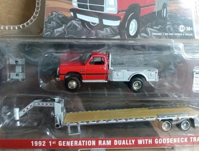 1:64 GREENLIGHT 1992 1ST GENERATION RAM DUALLY WITH GOOSENECK TRAILER RED - Image 1 of 2