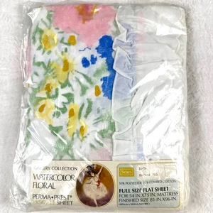 Vintage Sears Full Flat Ruffled Top Sheet Aquarell Floral Perma-Prest Perkal - Bild 1 von 5