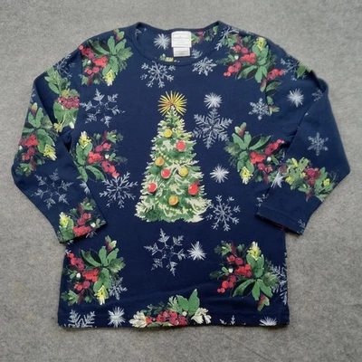 Morning Sun Shirt Womens Small Blue Christmas Tree Snowflake Holiday Top - Image 1 of 4