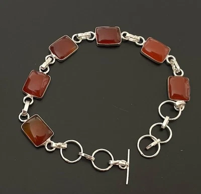 Pulsera de piedras preciosas de cristal de cornalina 19 cm - Chapada en plata de ley 925 - Nueva Foto 1 de 3