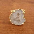 Natural Classic Geode Druzyyellow Gold Electroplated Dual Layer Adjustable Ring 