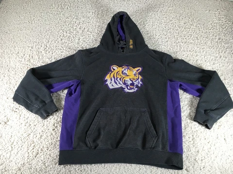 LSU Tigers Sweater Mens Large Gray Purple Hoodie NCAA Football Sweatshirt Logo Cover