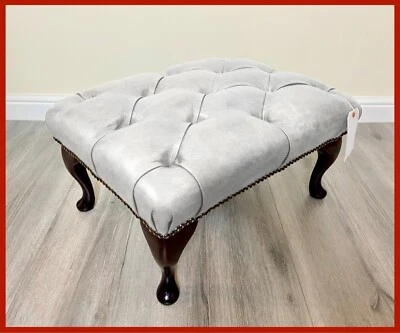 Chesterfield Buttoned Queen Anne White Faux Leather Footstool - Image 1 of 4