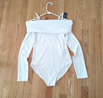 nwt abercrombie girl long sleeve off the shoulder bodysuit white cotton blend - Image 1 of 3