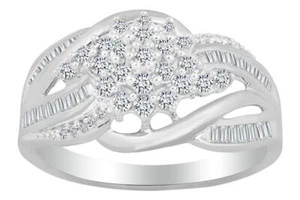 Round & Baguette Cut Natural Diamond 10K Gold Cluster Ring 1/2 CT - Picture 1 of 5