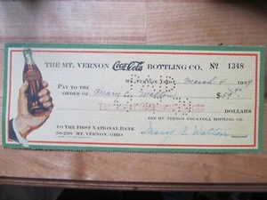 Colorful Antique 1939 Coca Cola Corporate Check, Mt. Vernon, Ohio, Banking, GIFT - Picture 1 of 1