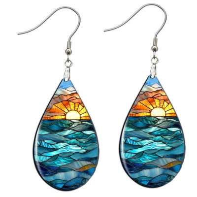 Pendientes imitación vitral atardecer y olas del océano lágrima SIN DESLUSTRAR madera Foto 1 de 4