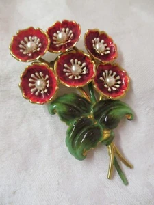Vintage gold tone large Pin Brooch red green Enamel w/ faux pearls needs repair - Picture 1 of 5