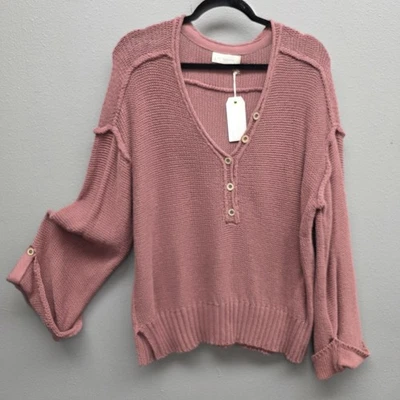 Suéter feminino By Together pequeno rosa botão gola V algodão pulôver desleixado novo - Imagem 1 de 4
