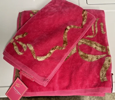 Juicy Couture 2-pc Towel set HOT PINK W/GOLD Ribbon & Bow 1-Bath & 1-Hand NWT - Image 1 of 4