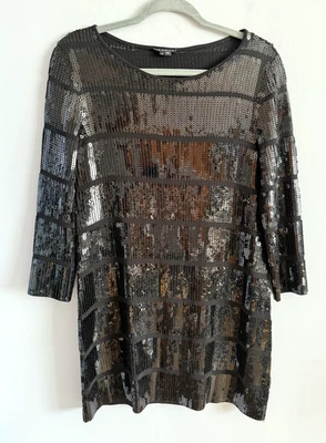Theory Dress Black Sequin Striped Sheath 3/4 Sleeve Party Women's Size M - Image 1 of 4