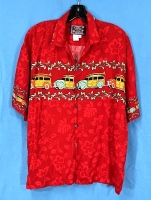 BASIX Men's RED Rayon Hawaiian WOODY/SURF Short Sleeve BUTTON-UP Camp Shirt Sz L - Image 1 of 4
