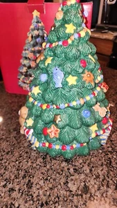 Nikko Christmas Porcelain Happy Holidays Tree Cookie Jar 12.5" Tall Teddy Bear - Picture 1 of 6