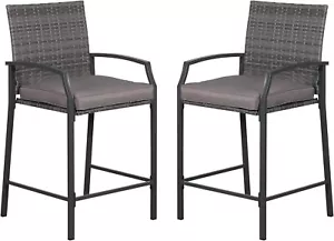 Outdoor Wicker Bar Stools Set of 2, Patio Rattan Counter Height Chairs with Cush - Picture 1 of 8