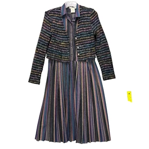 Vtg 70's 2PC Set Long Sleeve Dress Matching Mohair Fuzzy Sweater Rainbow Striped - Picture 1 of 17