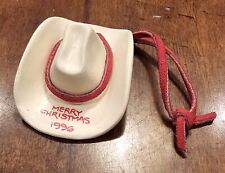 Vtg 1996 Cowboy Hat Western Ceramic & Leather Christmas Ornament White Red