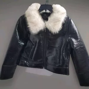 Fliegerjacke Unecht Fell XL schwarz vegan Lackleder Kunstfellkragen Wetlook - Bild 1 von 14