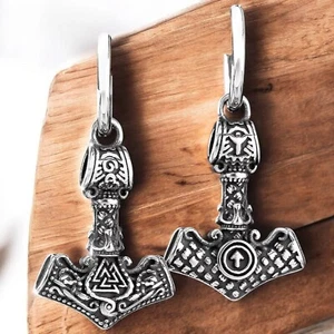 Thors Hammer Viking Earrings 316L Surgical Stainless Steel Norse Mjölnir Dangles - Picture 1 of 7