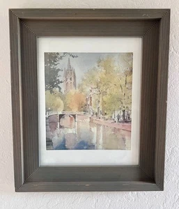 Gerahmter Kanalstadt Aquarell Druck signiert Vintage europäische Szene 1990 7x6 - Bild 1 von 13