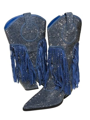 NUEVAS Botas Occidentales Azalea Wang Greia Denim Estrás Flecos Azul Talla 6 Foto 1 de 4