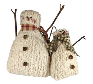 Vintage Honey & Me Stoff Schneemann Figuren 2er Set mit karierten Schals & Zweigen Armen - Bild 1 von 13
