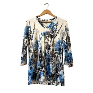 NorthStyle Women's 3/4 Sleeve Floral Bouse Top M Blue V-Neck Watercolor Relaxed - Picture 1 of 8