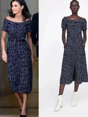 Vestido Zara Azul Marino Blanco Tweed Texturizado Boucle Gem Botón Midi Reina Letizia S Foto 1 de 4