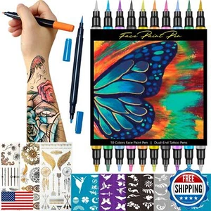 Temporary Tattoo Markers for Skin - Dual Tip 10 Colors Tattoo Pens for Skin T - Picture 1 of 5